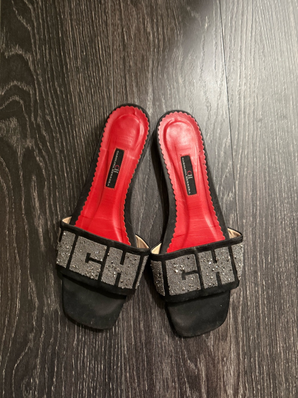 Carolina Herrera Black Slide Mules with Red Insole and Crystal-Embellished Strap